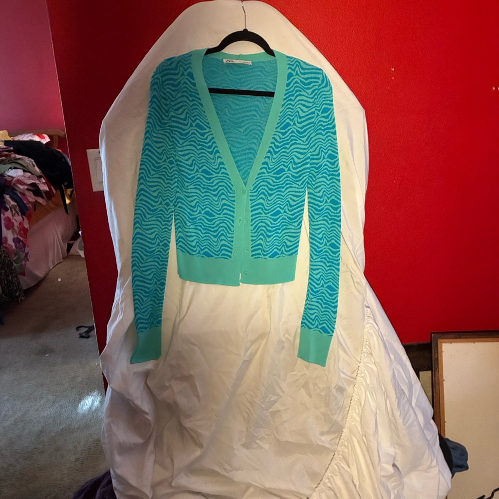 Zara Turquoise Wave-Pattern Long Sleeve Top